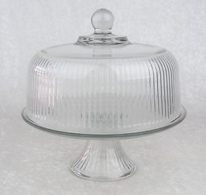 Anchor Hocking Clear Ribbed Glass Pedestal Cake Plate Stand Dome Lid Punch Bowl