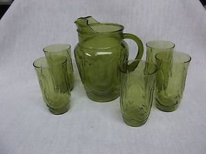 Anchor Hocking Avocado Green Tulip Water Pitcher and Glasses 6 PC Vintage