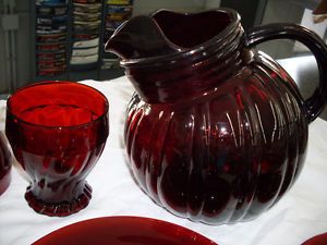 Ruby Red Pitcher Glasses Plates Depression Glass Anchor Hocking