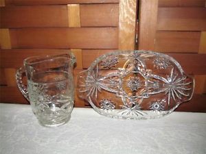 Vintage Star of David Anchor Hocking Pitcher and Divided Glass Dish