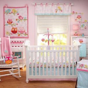 Birds and Owls Themed Baby Girls 4P Pink Animal Print Nursery Crib Bedding Set