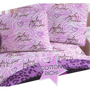 3pc Justin Bieber Purple Zebra Animal Print Hearts Pop Star Twin Bed Sheet Set