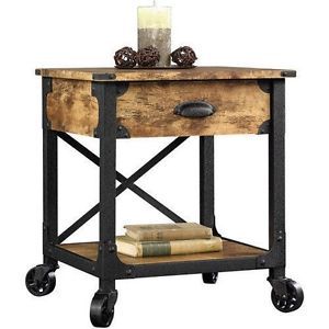 Rustic Country Side End Table Antique Vintage Metal Wood Living Room Cart Sofa