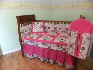 John Deere Baby Nursery Crib Toddler Kids Bedding Set Pink Madras w Bonus Sheet