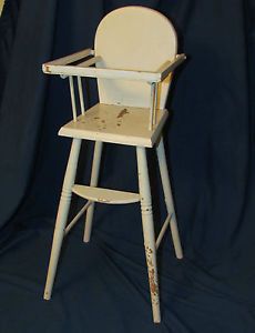 Antique 30s Vtg Doll Baby High Chair Feeding Table Off White Painted Wood LG 25"