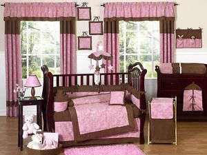 JoJo Unique Discount Pink and Brown Paisley 9P Baby Girl Crib Bedding Luxury Set