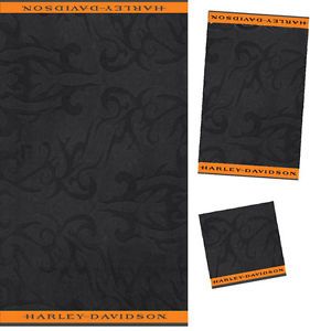 Harley Davidson Black Jacquard 3 Piece Towel Set Bath Hand Towel Washcloth