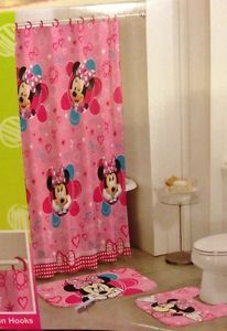 New Disney Minnie Mouse 15 PC Bathroom Set Girls Bath Shower Curtain Rug Mat