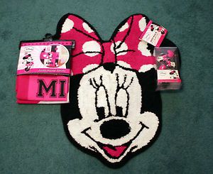New Disney Minnie Mouse Fabric Shower Curtain Hook Bath Rug Bathroom Set Lot