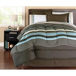 Boys Teen Blue Brown Retro Stripe Comforter Sheets Bed in Bag Bedding Set Queen