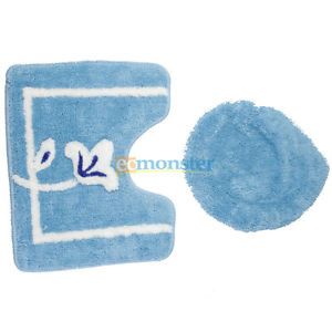 Acrylic Fiber Bathroom Rug U Shape Mat Toilet Lid Cover Set Blue