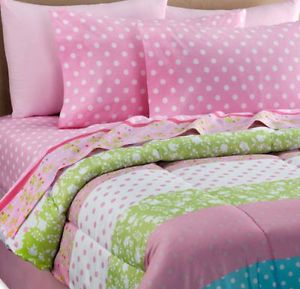 Pink White Green Polka Dot Girls Twin Single Comforter Set 6 Piece Bed N Bag