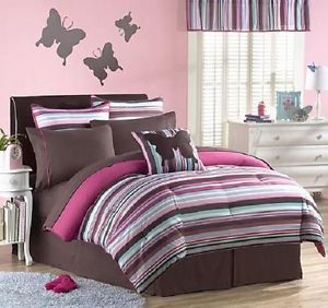 9pc Twin Girls Teen Pink Brown Blue Stripe Comforter Bed in A Bag Bedding Set