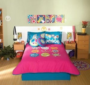 NW Girls Peace Sign Fuchsia Comforter Sheets Bedding Set Twin 7p