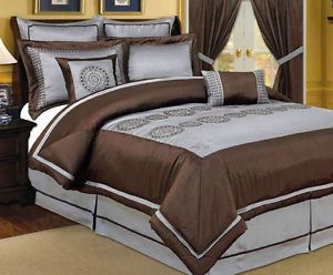8 Piece PV Aqua Blue Chocolate Brown Luxury Comforter Bedding Set—Queen Size