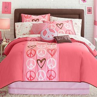 12P Queen Comforter Peace Sign Pink Coral Brown Girl Teen Pillows Val Sheets New
