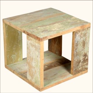Unique Reclaimed Wood Cube Accent End Table Nightstand Bedside Furniture