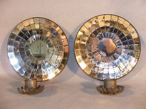 Pair Antique Tin Mirrored Candle Wall Sconces Round