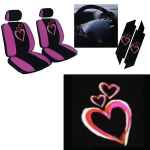 9pc Pink Red Hearts Front Bucket Car Seat Cover Set Steering Wheel Seat Belt