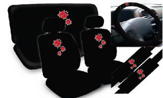 11pc Lady Bug Red Black Cute Ladybug Car Seat Covers Front Rear Steering Wheel