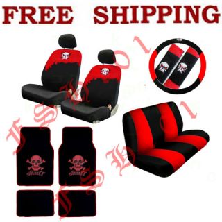 New Full Set Red Skull Car Seat Covers Steering Wheel Cover Floor Mats