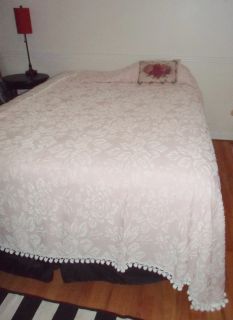 Vtg Shabby Roses Chic Hobnail Pink Chenille Twin Pom Fringed Bedspread Blanket