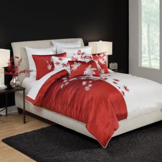 Mikasa Pure Red Queen Comforter Set Red White Floral Blossom Asian BEDDING7PCS