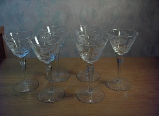 6 Vintage Fine Crystal Stemmed Cordial Cocktail Liqueur Glasses Etched Flowers