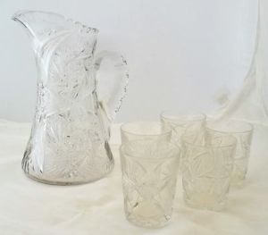 Cut Glass Lead Crystal Pitcher w 5 Water Glasses Tumblers 10 5" Vintage
