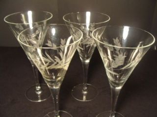 Set 4 Vintage Etched Floral Crystal Glass Stemware Wine Martini Glasses