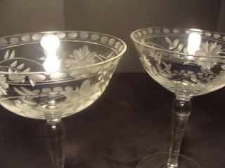 Pair of Vintage Etched Crystal Floral Champagne Stemware Glasses Elegant