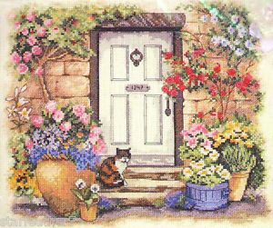 Precious Garden Door Kitty Cat Flowers Counted Cross Stitch Kit