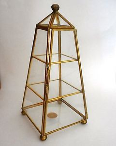 Vntg Brass Glass Small Table Top Curio Case Display Interpur Pyramid Cabinet