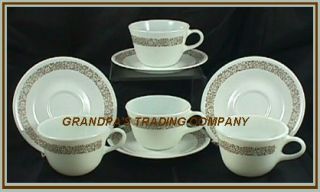 4 Corelle Pyrex Woodland Brown Cups Saucers Retired