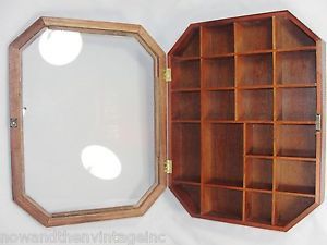 Vintage Wood Octagon Glass Cabinet Shadow Box Curio Display Cabinet 14 75"x11 5"