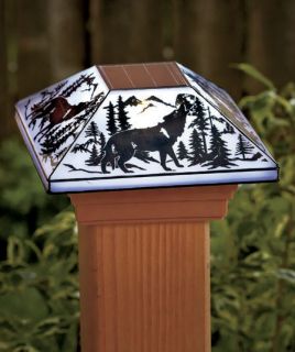 Wolf Outdoor Solar Lamp Post Cap Stained Glass Light Deck Fence Porch Yard Cabin