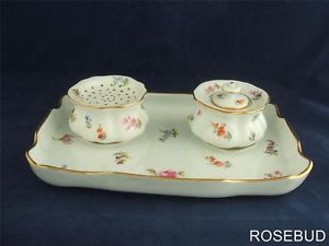 Meissen Porcelain Ink Well Desk Set 3 Pieces Hand Painted Scattered Flowers