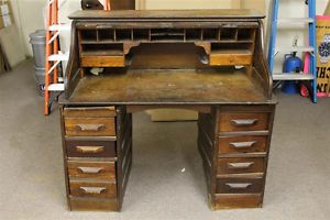 Antique Solid Oak Wooden Roll Top Desk Original Condition Needs TLC Restore