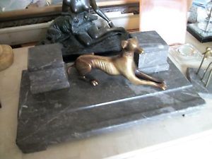 Vintage Art Deco Era LG Solid Marble Bronze Greyhound Dog Inkwell Desk Set