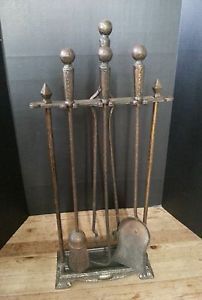 Antique Vtg Hammered Cahill Cast Iron Fireplace Tools Accessories 30 5'' 4 PC