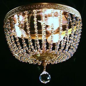 Vintage Italian Crystal Flush Mount Chandelier Light Fixture Made in Italy