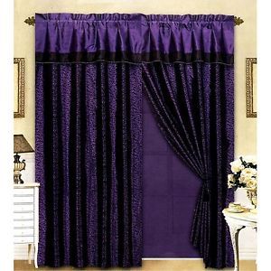 4piece Flocking Animal Print Purple Black Leopard Satin Window Curtain Drape Set