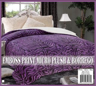 Zebra Print Purple Emboss Borrego Sherpa Fur Blanket Super Soft and Warm