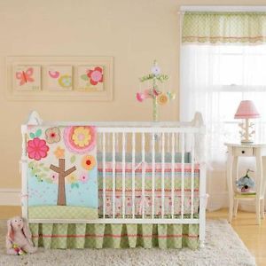 Cute Flower Tree 4pc Baby Girl Crib Bedding Set Pink and Green Flowers Blue Sky