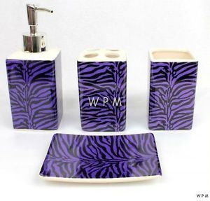 Bath Accessory Set New Black Purple Zebra Animal Print Bathroom Vanity Dispenser