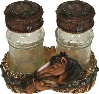 Horse Salt Pepper Shaker Set Horseshoe Glass Bottles in Mare Foal Holder