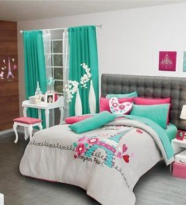 New Girls Teens Gray Aqua Blue Pink Love Paris Comforter Bedding Sheet Set