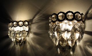 Pair of Antique Vintage Brass Crystals Wall Sconces Lights Chandeliers 1970'S