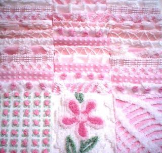 36 Vintage Chenille Bedspread Fabric Quilt Squares 6" Pink Daisy Rosebud Whites