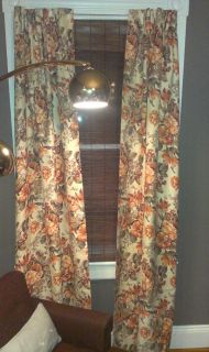 6 Panels Orange Barkcloth Floral Curtains Drapes Pleated Window Covering Vintage